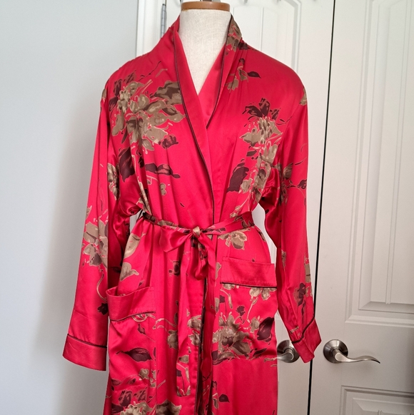 NK ELLE 100% SILK red floral long robe shawl collar elegant lingerie oversize Sm - Picture 5 of 10